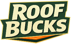 Logo with the words "ROOF BUCKS" in bold, cream-colored letters on a dark green background with a yellow and orange border.