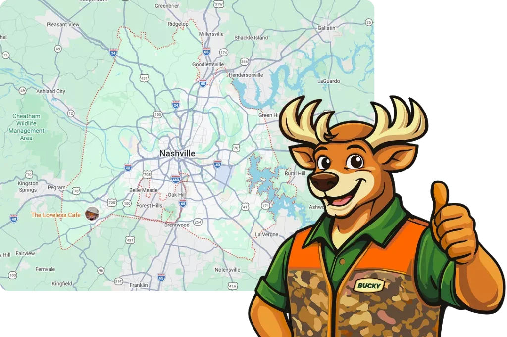 Cartoon deer mascot named Bucky gives a thumbs up in front of a map of Nashville, Tennessee, with The Loveless Cafe marked.