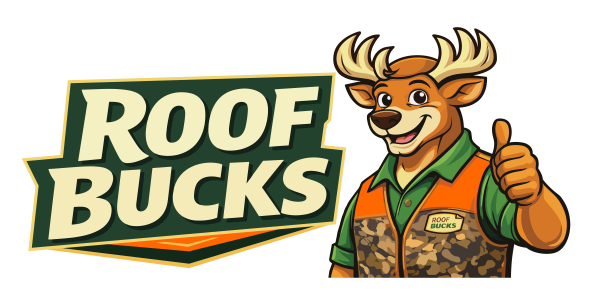 Cartoon deer in a camo vest gives a thumbs-up next to a large "Roof Bucks" logo.