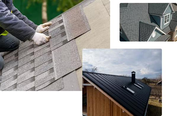 Collage showing hands installing asphalt shingles, an aerial view of a shingled roof, and a house with a black metal roof.