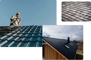 Three images showing different roof types: a worker on a blue metal roof, a close-up of shingle tiles, and a black metal roof with skylights on a wooden house.