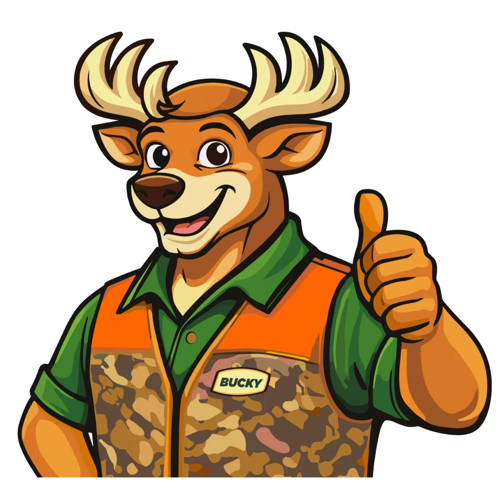 Cartoon deer wearing a camouflage vest labeled "Bucky" gives a thumbs up and smiles.